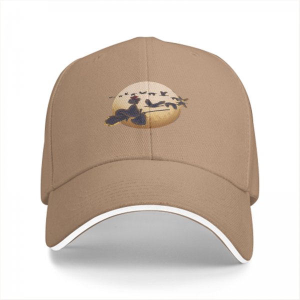 Black baseball cap with witch on broom silhouette against moon and birds