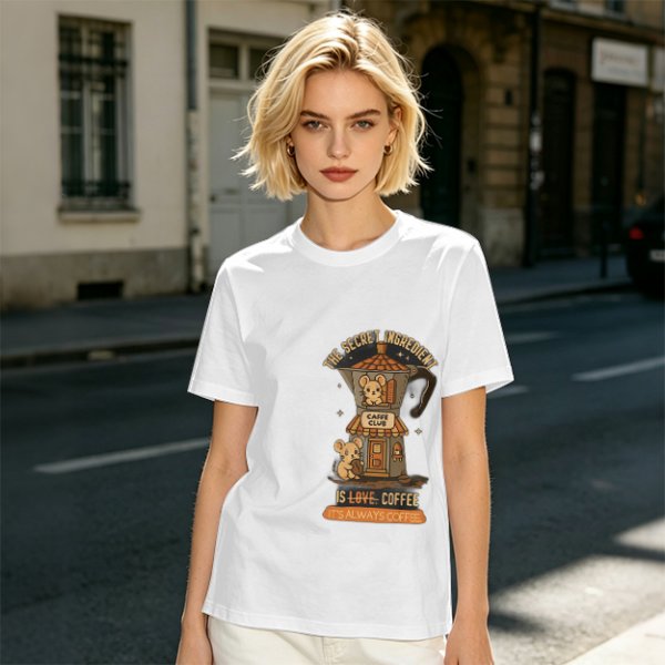Olive t-shirt with coffee moka pot mouse shop graphic and coffee love quote