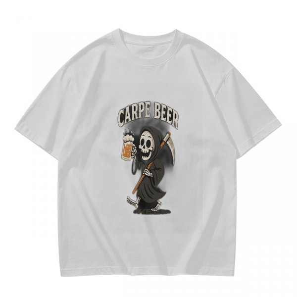 Olive green t-shirt with Carpe Beer grim reaper holding beer mug graphic