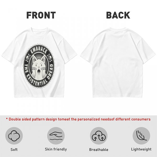 Olive t-shirt with 'Embrace the Existential Dread' screaming cat graphic