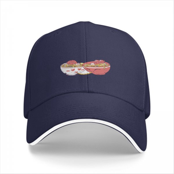 Black baseball cap with two decorative ramen bowl prints