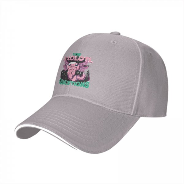 Black baseball cap with 'You Axolotl Questions' cute axolotl graphic