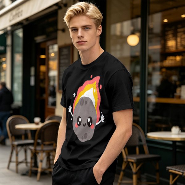 Olive green t-shirt with cute cartoon flaming asteroid graphic
