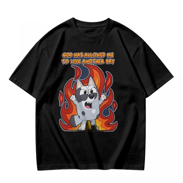Olive t-shirt with cartoon dog and 'God has allowed me to live another day' print