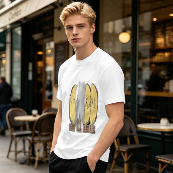 Olive T-Shirt With Funny Taco Characters Around A Campfire