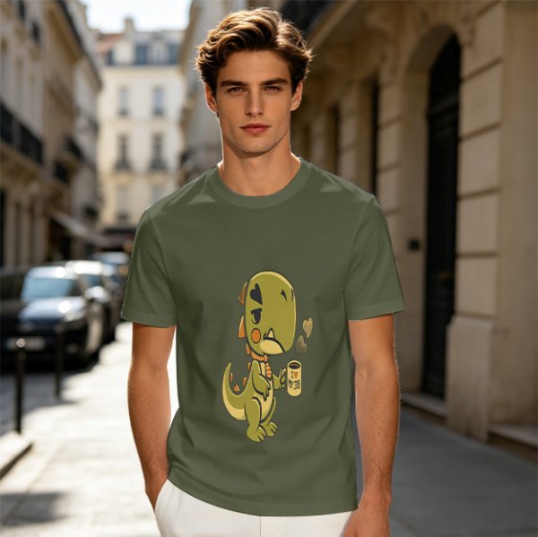 Olive T-shirt with a grumpy cartoon dinosaur holding a coffee mug