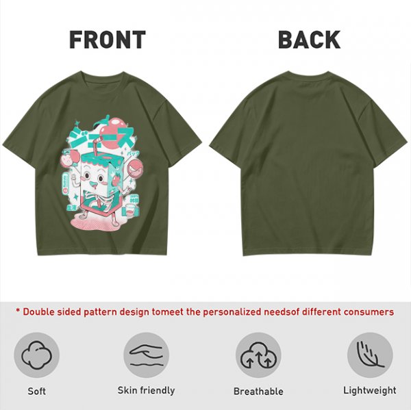Olive t-shirt with a cartoon apple juice box skeleton graphic
