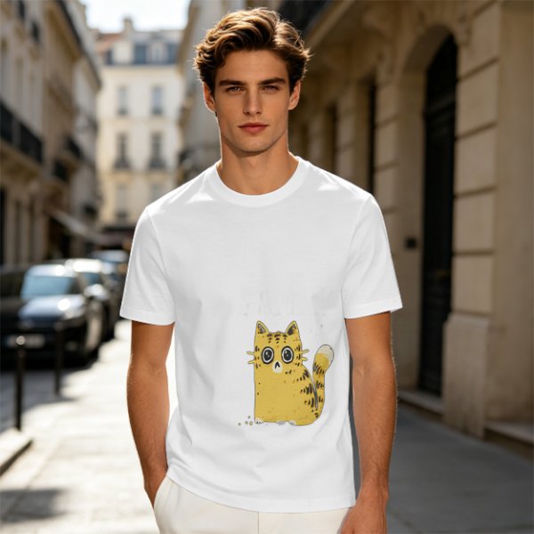 Olive Green T-Shirt With Surprised Yellow Tabby Cat Graphic
