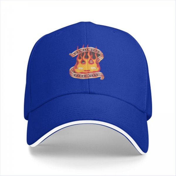Black baseball cap with flame and banner graphic design