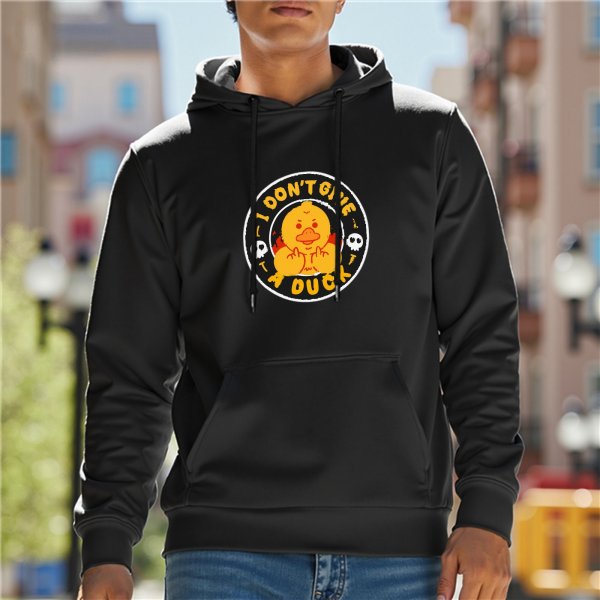 Black hoodie with 'I Don't Give A Duck' graphic and cartoon duck design