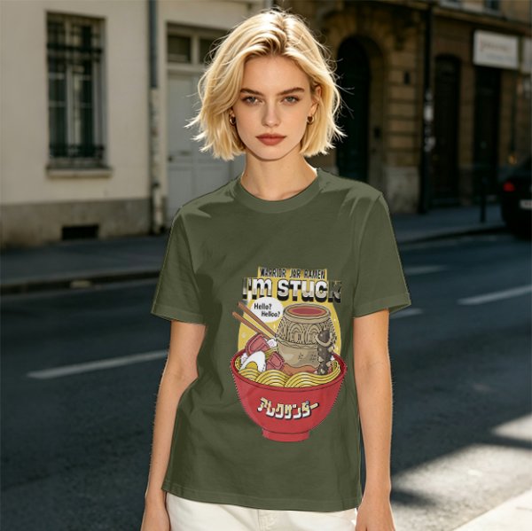 Olive graphic tee with ramen bowl and stuck jar print