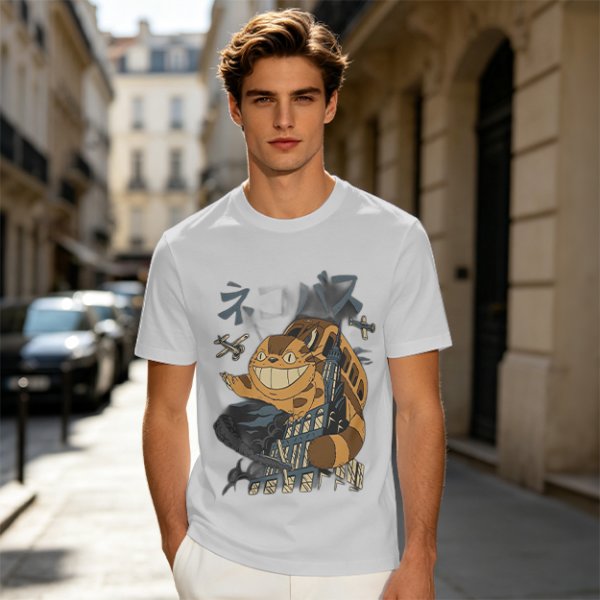 Olive T-shirt with giant cat bus monster and vintage planes graphic