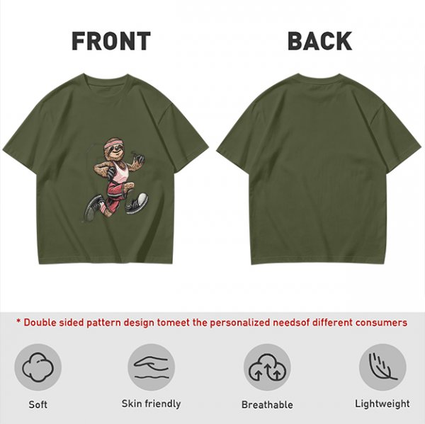 Olive T-Shirt with Cartoon Sloth Running Athlete Graphic