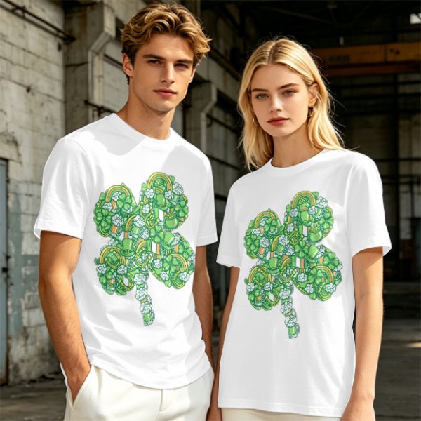 Olive Green T-Shirt With St. Patrick's Day Four-Leaf Clover Art