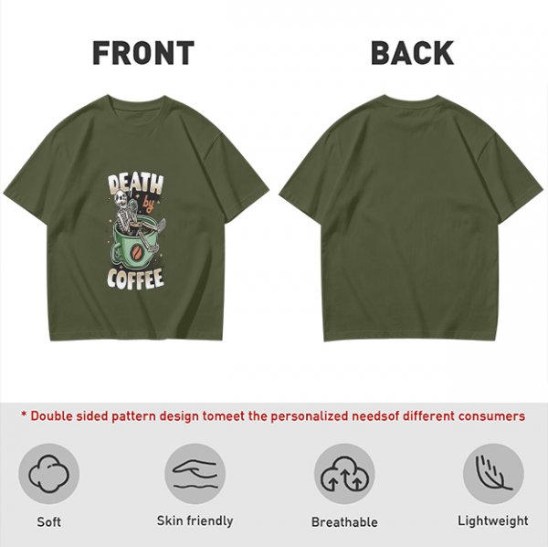 Oversized Army Green T-Shirt With 'Death By Coffee' Skeleton Print