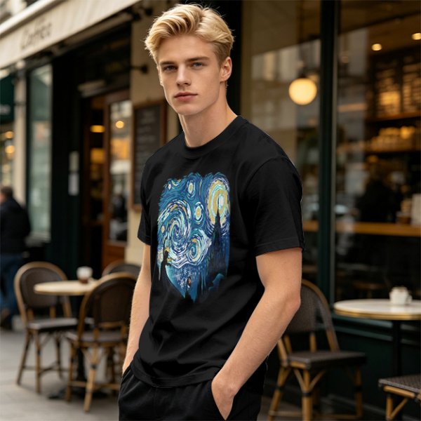 Olive T-Shirt with Starry Night Art Print
