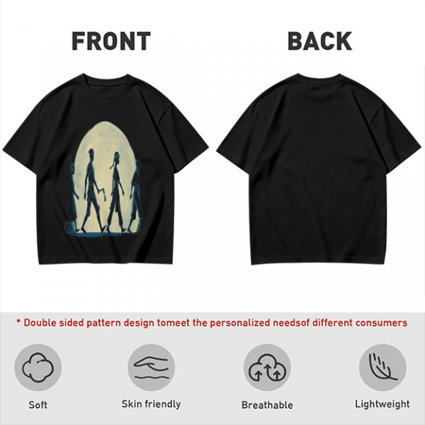 Olive T-shirt with Walking Silhouettes Under a Large Moon