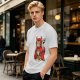 Olive T-shirt with a tabby cat in a devil hood and skull cat graphic