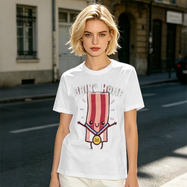 Olive T-Shirt With Cartoon Bacon Champion Medal Print