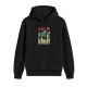 Black hoodie with cat-cow hybrid graphic and mountain landscape print