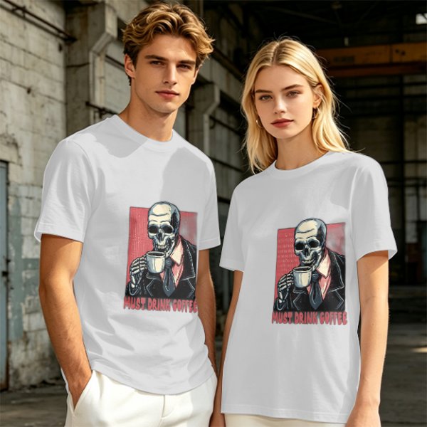Olive T-shirt with Skeleton Drinking Coffee Must Drink Coffee Print