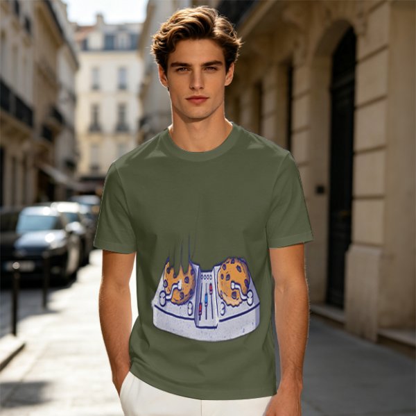 Olive Green T-Shirt With Cookie DJ Mixer Graphic Print