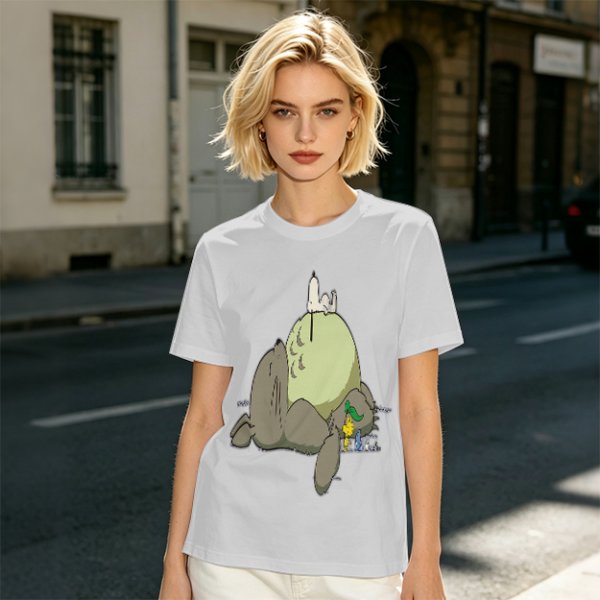 Olive T-shirt with whimsical forest spirit and small animal graphic print