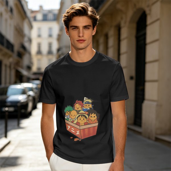 Olive T-shirt with Chibi Anime Characters in Takeout Box
