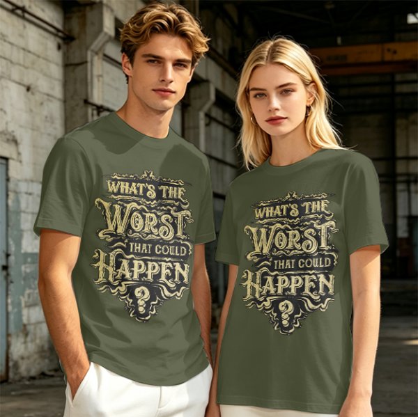 Olive t-shirt with 'What's the Worst That Could Happen?' vintage-style print