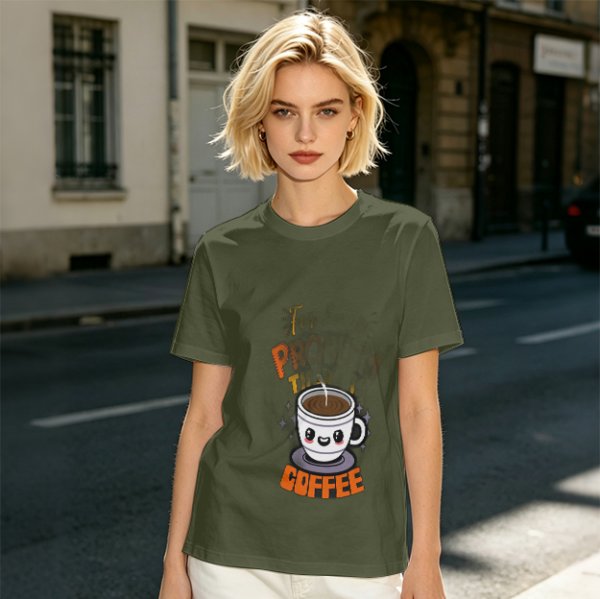 Olive Green T-Shirt With Cute Coffee Cup Graphic and Problem Solution Text