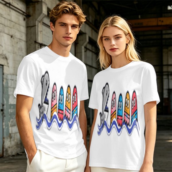 Olive T-Shirt With Shark And Colorful Ghost Creatures Print