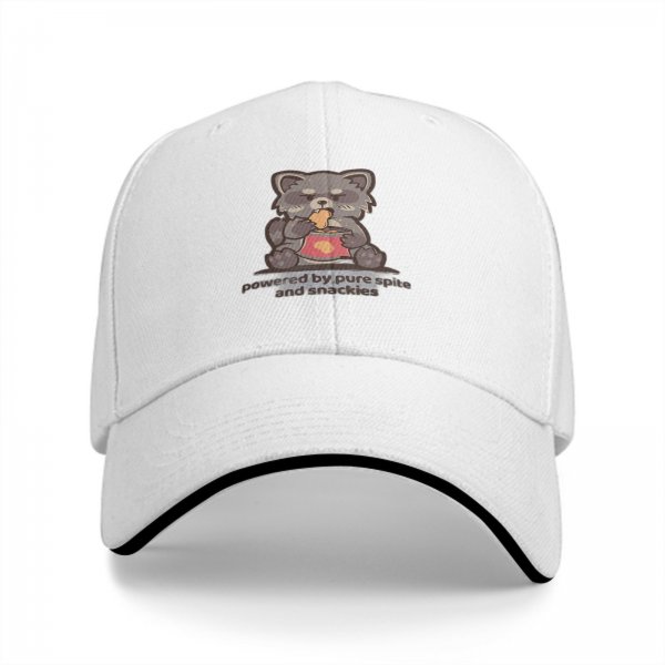 Black baseball cap with cute raccoon snacking and 'powered by pure snacks' text