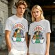 Olive green t-shirt with cat coffee cup graphic and playful text design