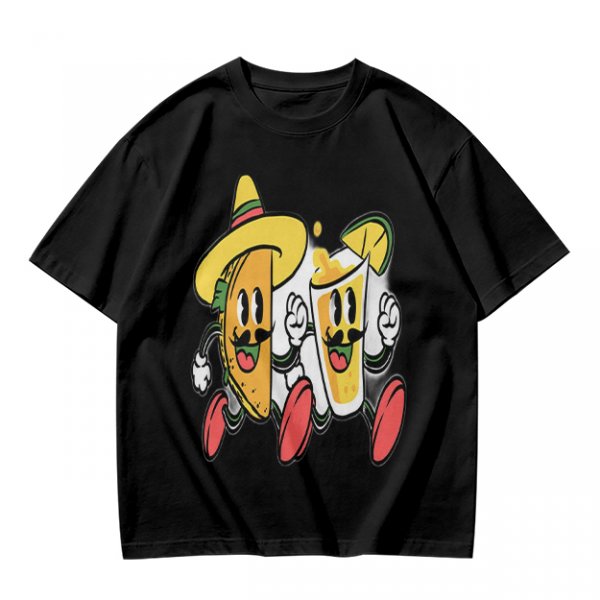 Olive T-Shirt with Cartoon Taco and Beer Graphic