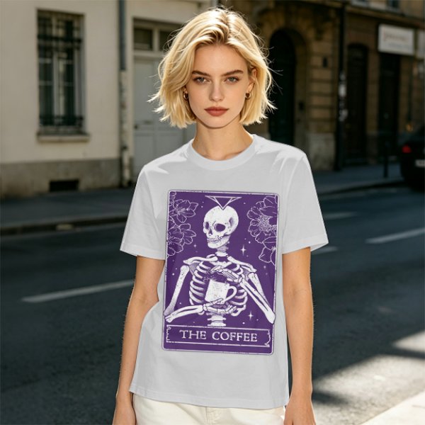 Olive T-Shirt With Skeleton Tarot Card 'The Coffee' Print