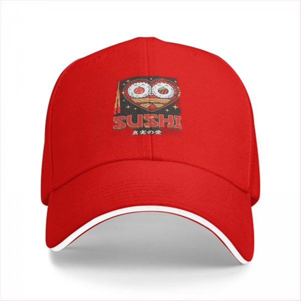 Black baseball cap with sushi heart graphic and text