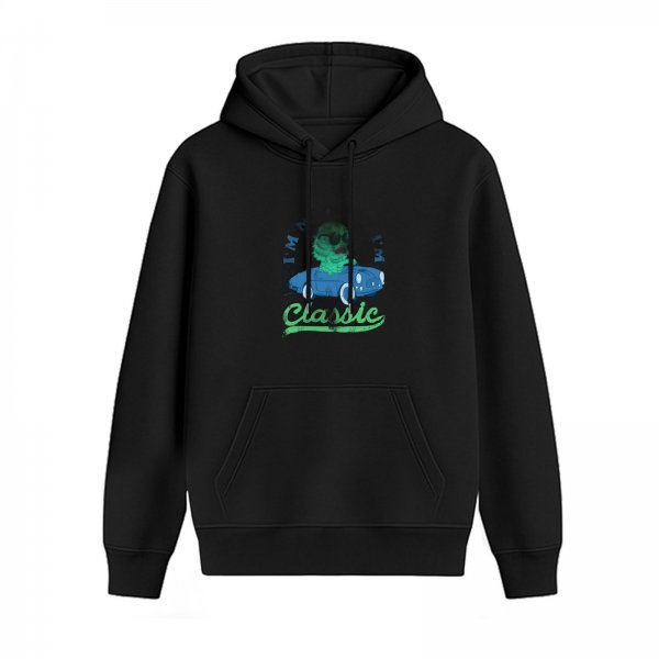 Black hoodie with classic car and cartoon character graphic