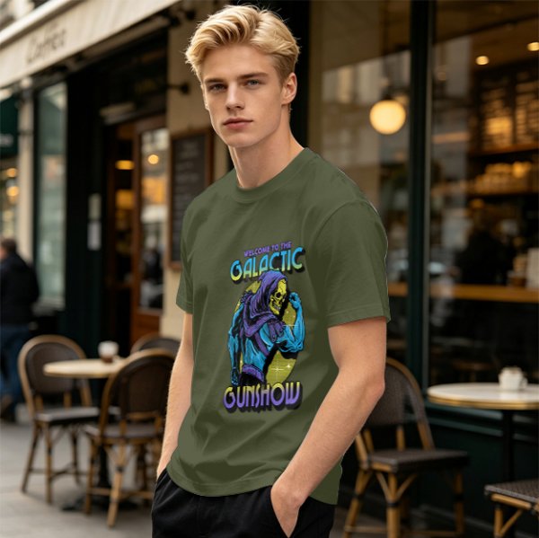 Olive T-shirt with Galactic Gunshow Skeleton Graphic Print