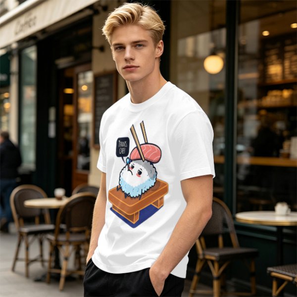 Olive T-Shirt With Sad Sushi Character Saying Thanks Chef Print