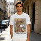 Olive green t-shirt with cubist style cat print and Purrcasso text