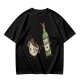 Olive T-Shirt With Cartoon Coffee Mug And Wine Bottle Print