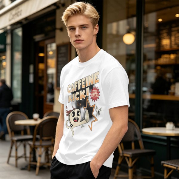 Olive graphic tee with caffeine kick cartoon coffee cup design