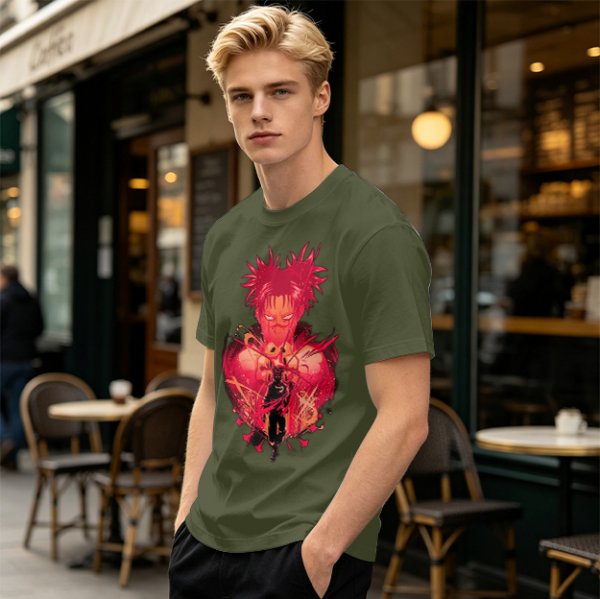 Olive Anime Graphic T-Shirt With Spiky Red Haired Character Art
