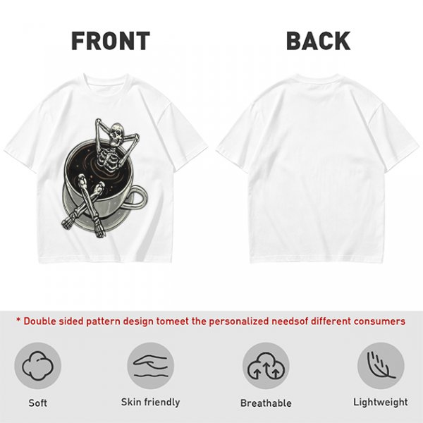 Olive T-shirt with skeleton relaxing in coffee cup graphic
