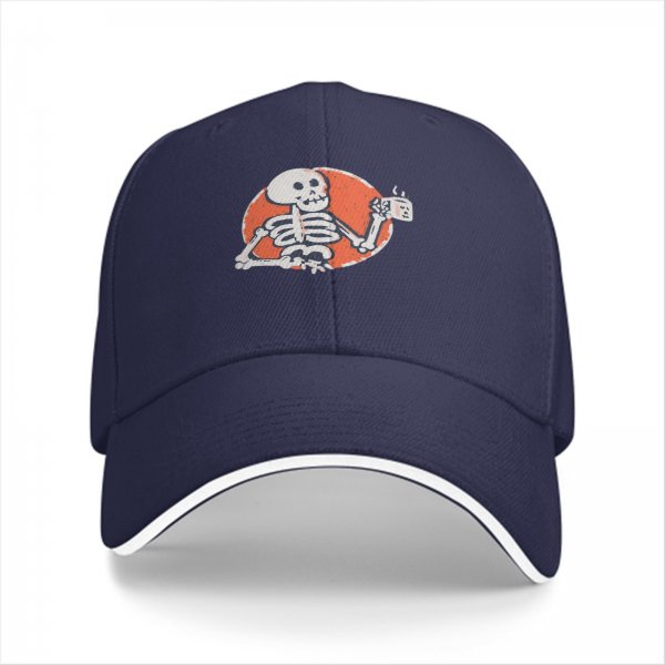 Black baseball cap with skeleton holding coffee cup graphic