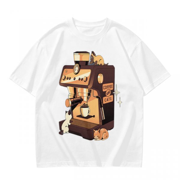 Olive t-shirt with espresso machine and cats graphic