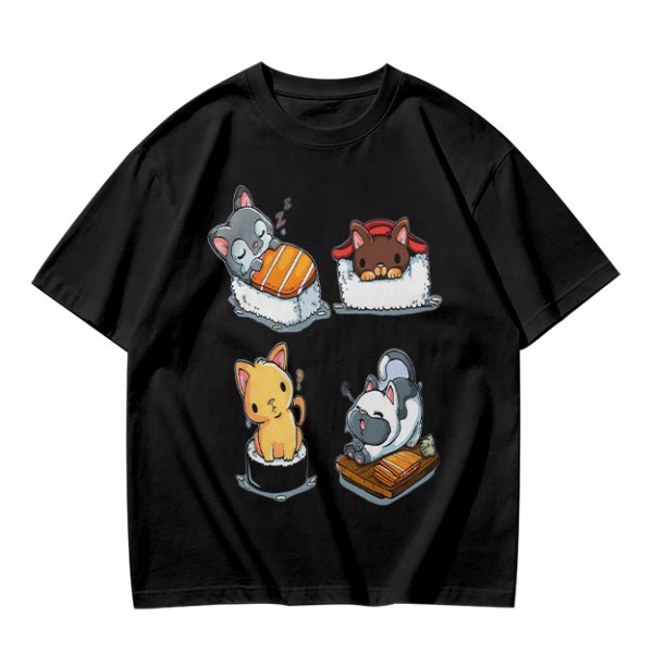 Olive T-shirt with cute cat sushi illustrations