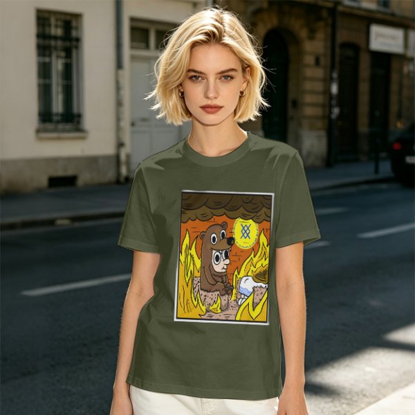 Olive T-shirt with Cartoon Bear Costume Figure in Flames Art