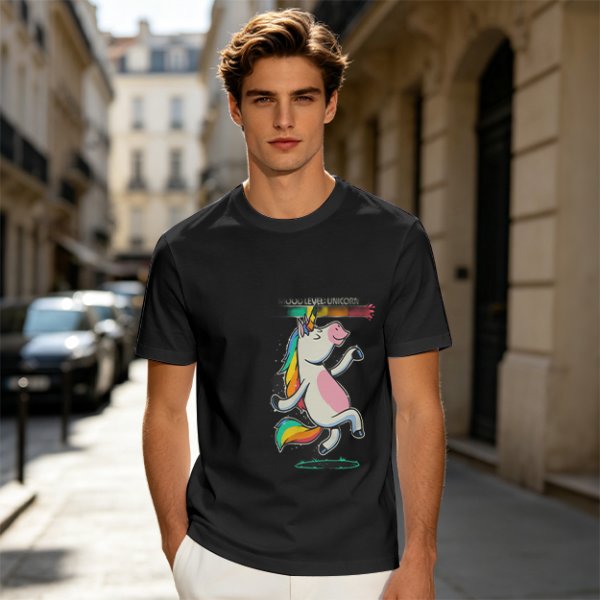 Olive T-shirt with Dancing Rainbow Unicorn Graphic Print