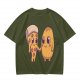 Olive Green T-Shirt With Cute Pizza And Corn Holding Hands Art